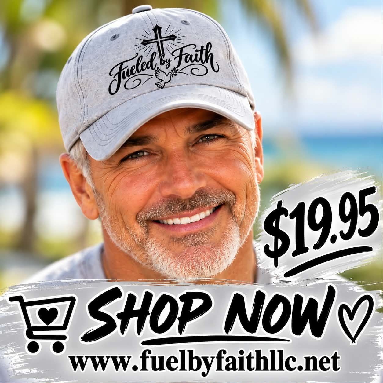 Man wearing a gray Fueled by Faith baseball cap with cross and dove logo
